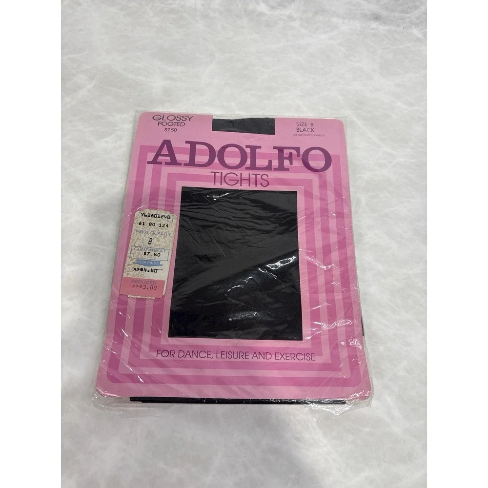 Vintage Adolfo Glossy Footed Tights Size B Black NOS NWT Deadstock 80s Dance NOS